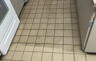Small white ceramic tile floor with dark grout lines during cleaning