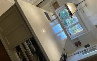 White marble kitchen island after polishing
