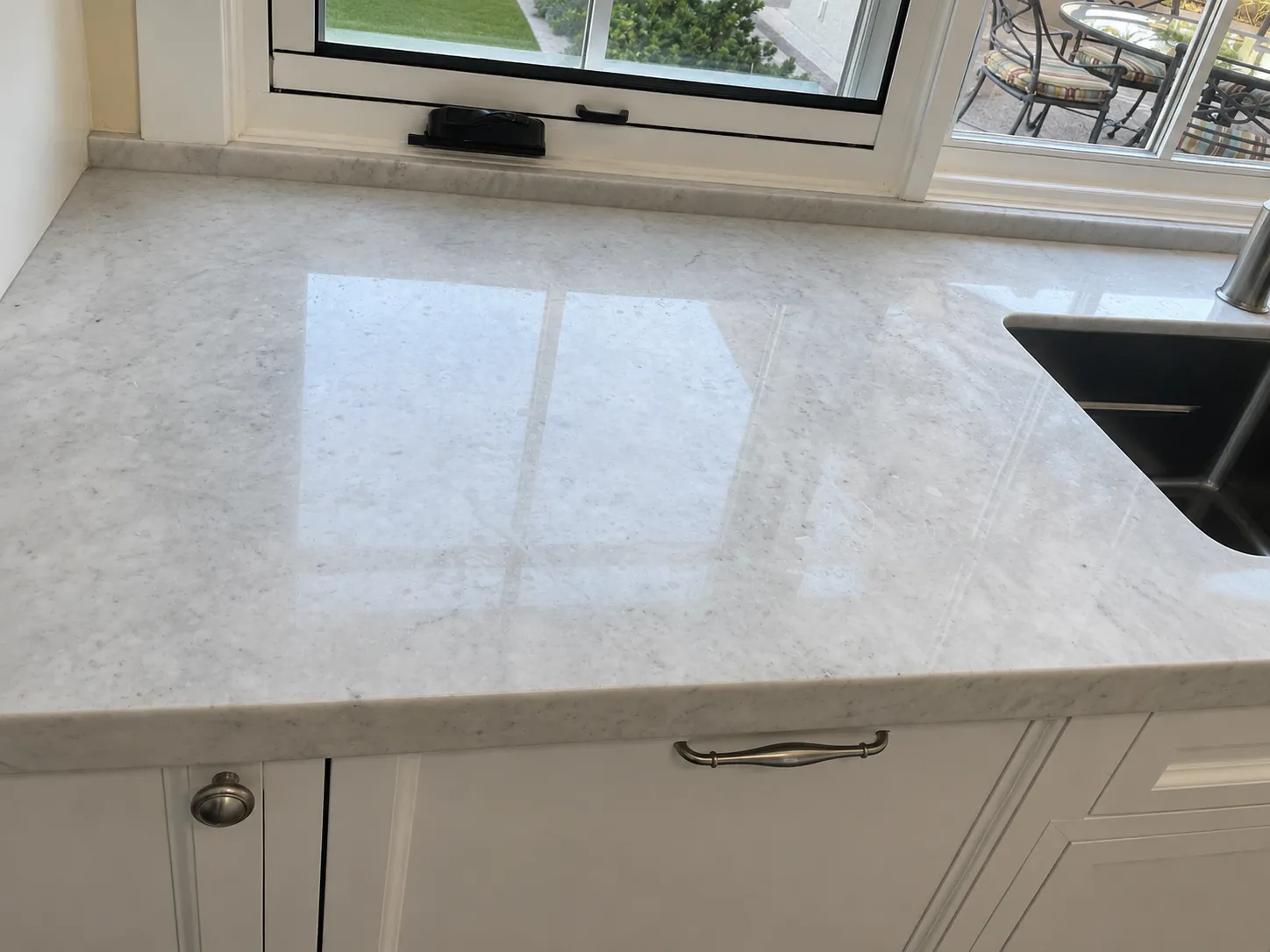 White quartz kitchen countertop before polishing